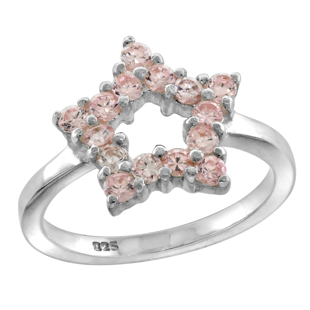 Sterling Silver Pink CZ Cut-out Open 5 Point Star Ring for Women 1/2 inch sizes 6 - 10