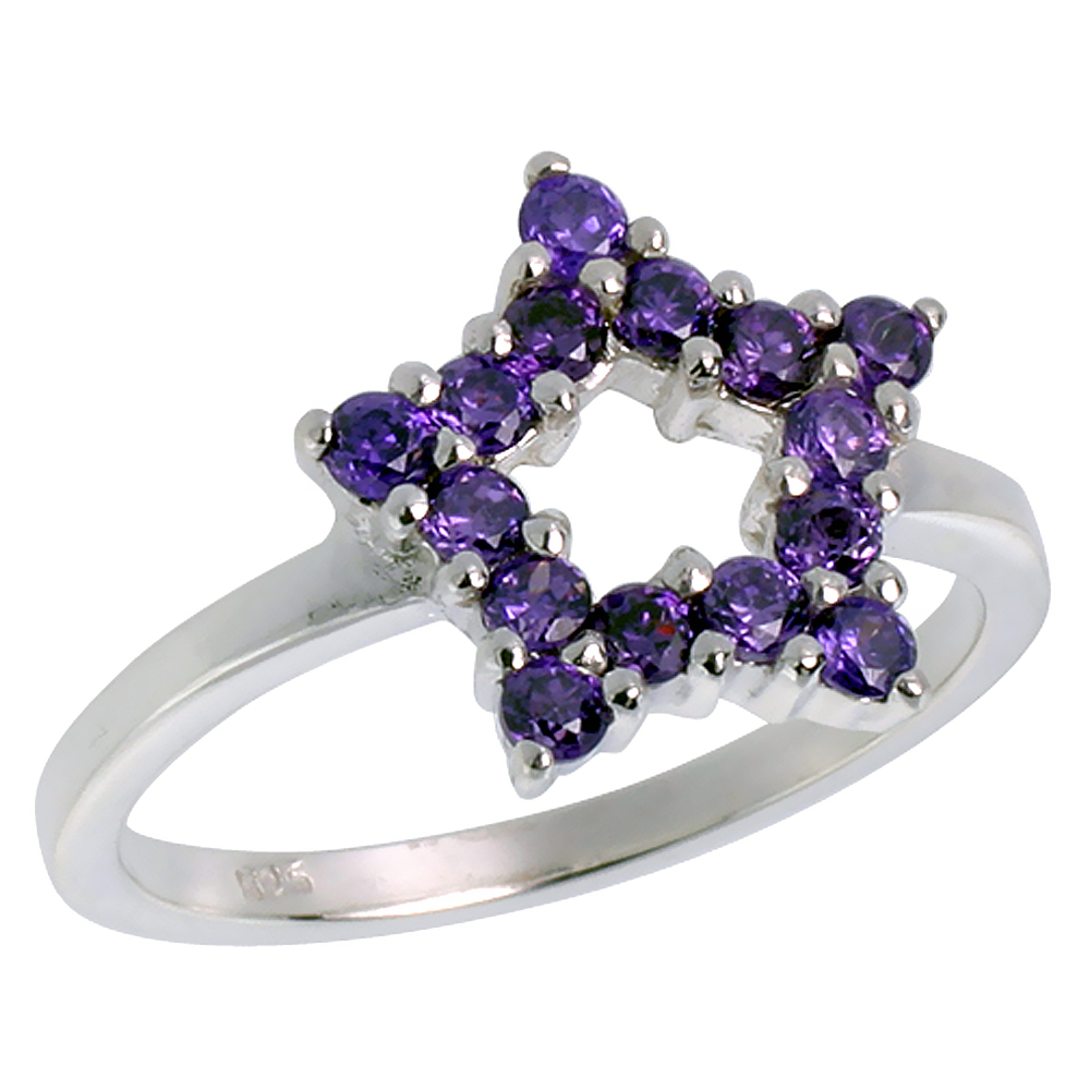 Sterling Silver Purple CZ Cut-out Open 5 Point Star Ring for Women 1/2 inch sizes 6 - 10