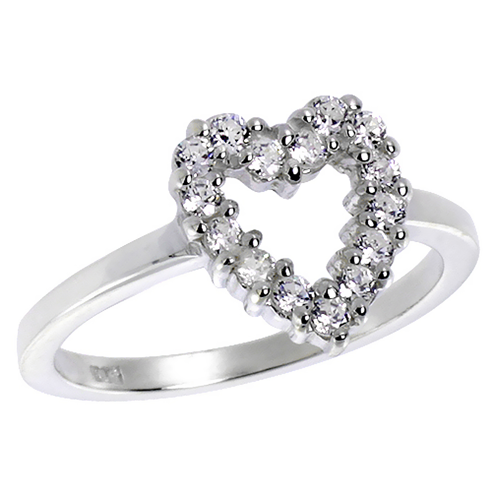Sterling Silver White CZ Cut-out Open Heart Ring for Women 1/2 inch sizes 6 - 10