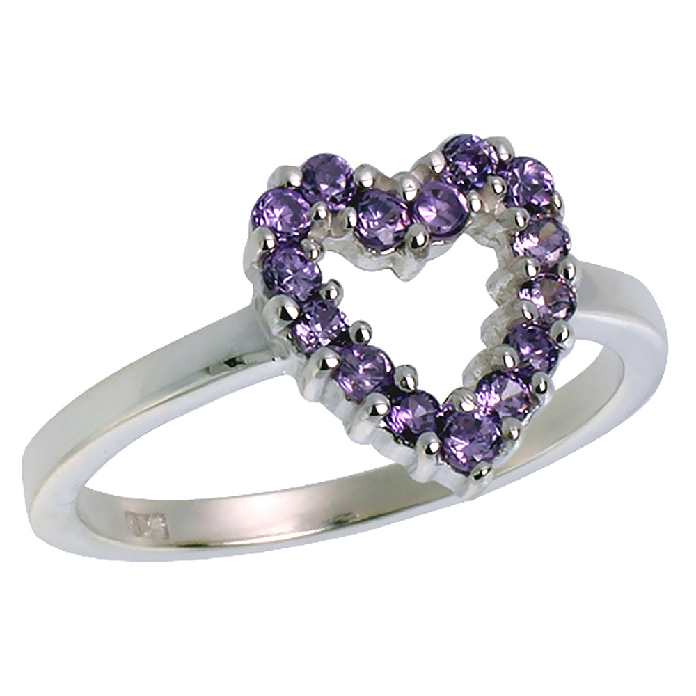 Sterling Silver Purple CZ Cut-out Open Heart Ring for Women 1/2 inch sizes 6 - 10