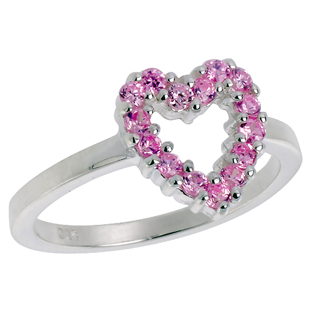 Sterling Silver Pink CZ Cut-out Open Heart Ring for Women 1/2 inch sizes 6 - 10