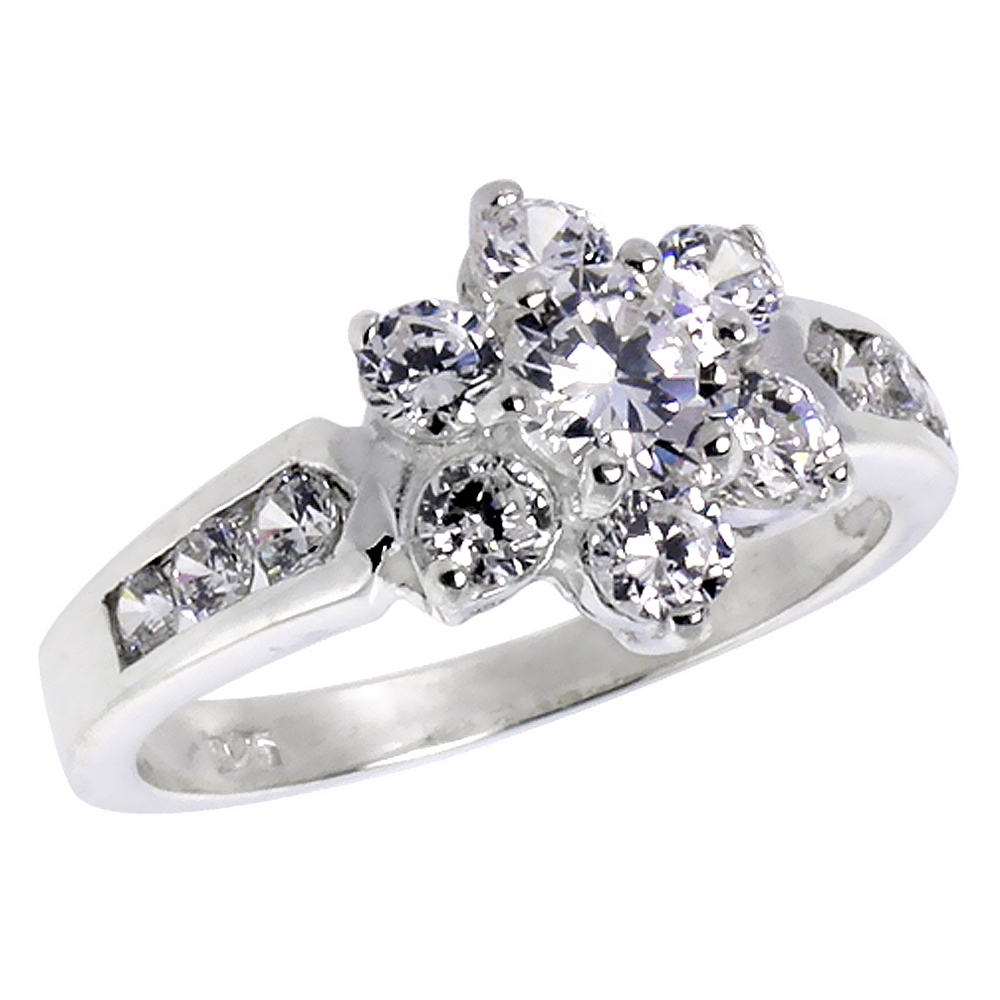 Sterling Silver CZ Flower Ring for Women 5mm Center Channel Set Shank 1/2 inch wide sizes 6 - 10
