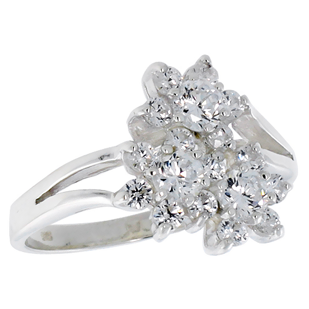 Sterling Silver CZ Three Flower Ring for Women 3.5mm Center Split Shank 1/2 inch wide sizes 6 - 10