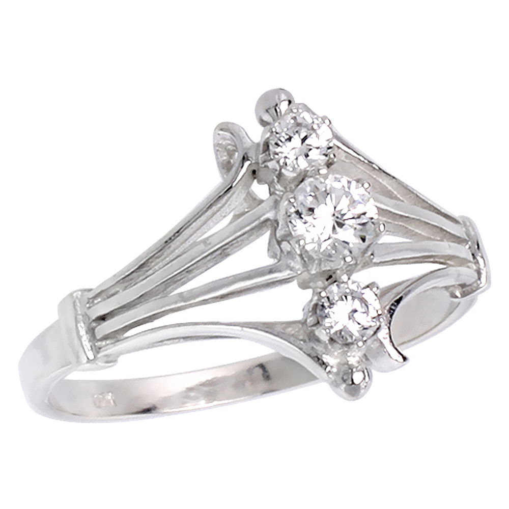 Sterling Silver CZ Diamond-shaped 3 Stone Bar Ring for Women 4mm Center 1/2 inch sizes 6 - 10