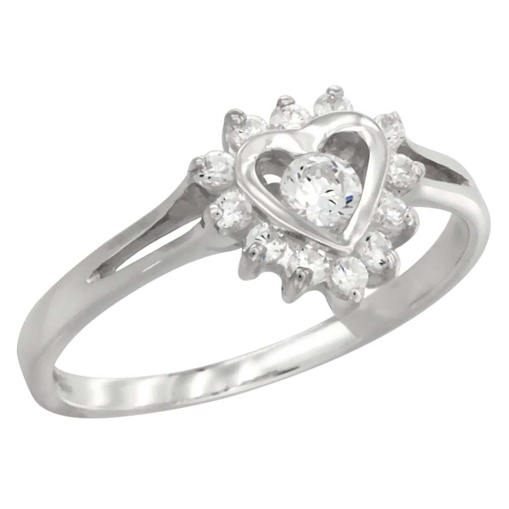 Sterling Silver CZ Halo Heart Cluster Ring for Women 3/8 inch sizes 6 - 10