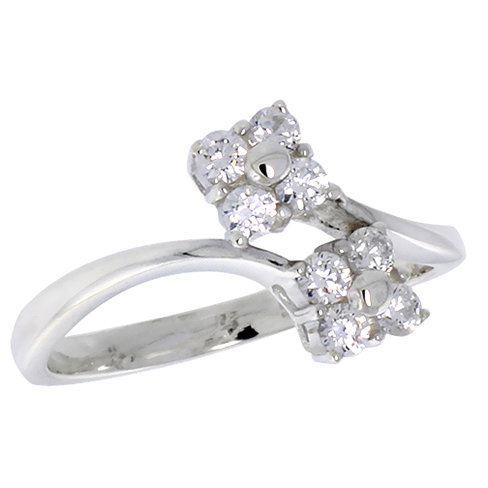 Sterling Silver CZ Bypass Clover Floral Ring for Women 1/2 inch wide sizes 6 - 10