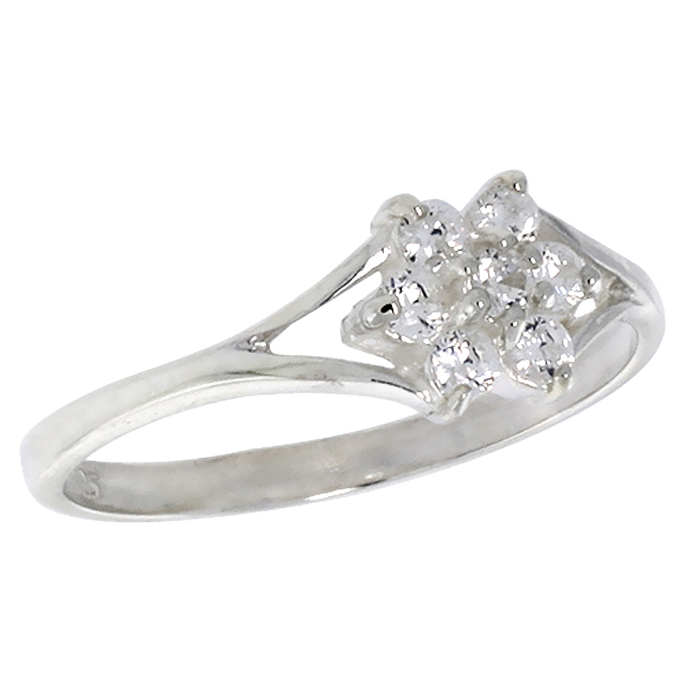 Dainty Sterling Silver Split Shank CZ Flower Ring for Women 3mm center 1/4 inch wide sizes 6 - 10