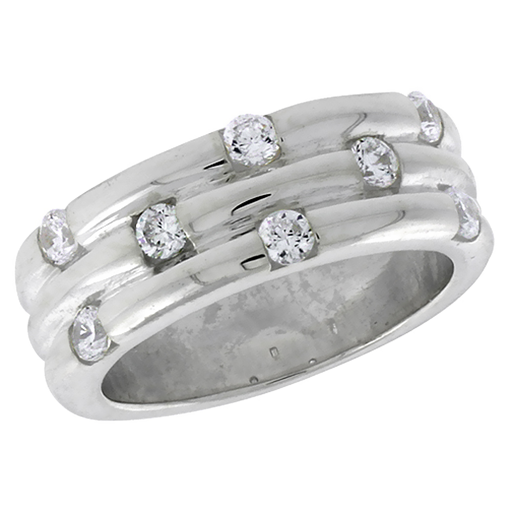 Sterling Silver CZ Grooved 3 Dome Band Ring for Women Channel Set Brilliant Cut 5/16 inch sizes 6 - 10