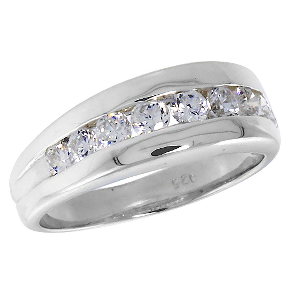 Sterling Silver Cubic Zirconia Wedding Band Ring for Women Channel Set Brilliant Cut 1/4 inch sizes 6 - 10