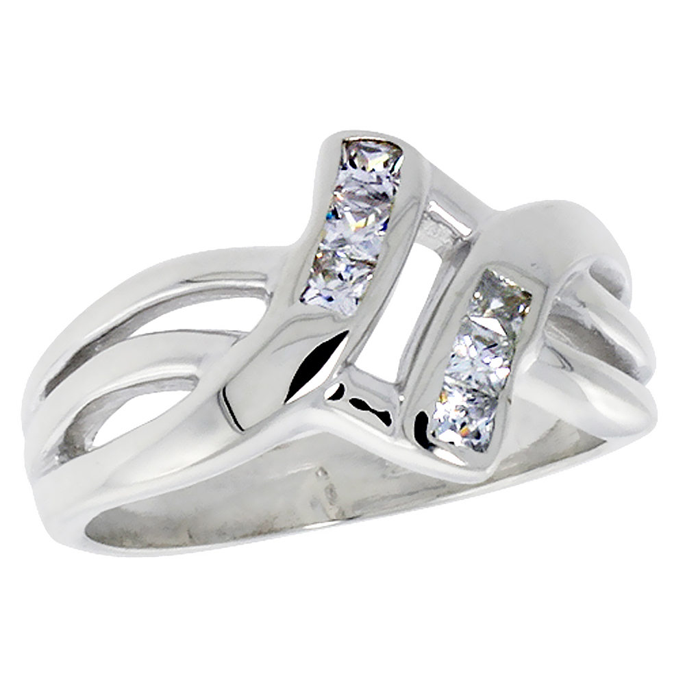 Sterling Silver Princess Cut CZ Double Cevron Knot Ring for Women Channel Set 1/2 inch wide sizes 6 - 10