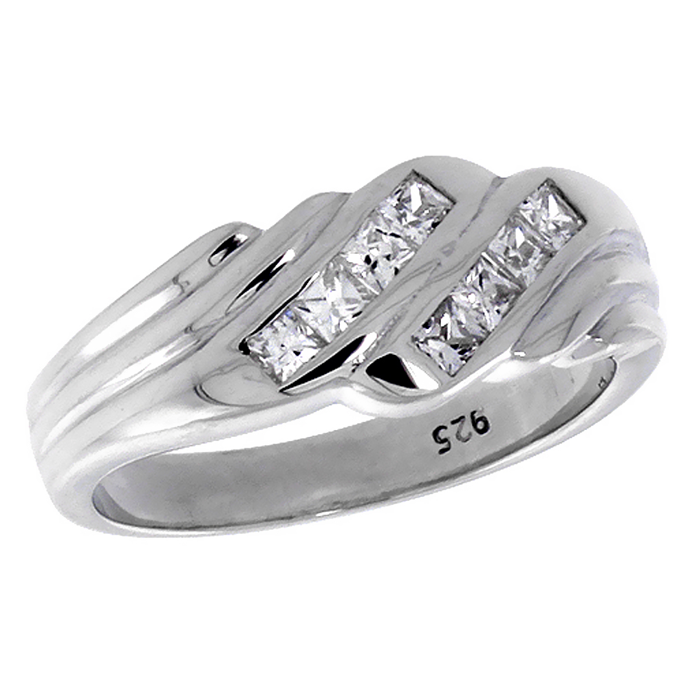 Sterling Silver Ribbed Bypass Square Cubic Zirconia Wedding Band Ring for Women Channel Set 5/16 inch sizes 6 - 10