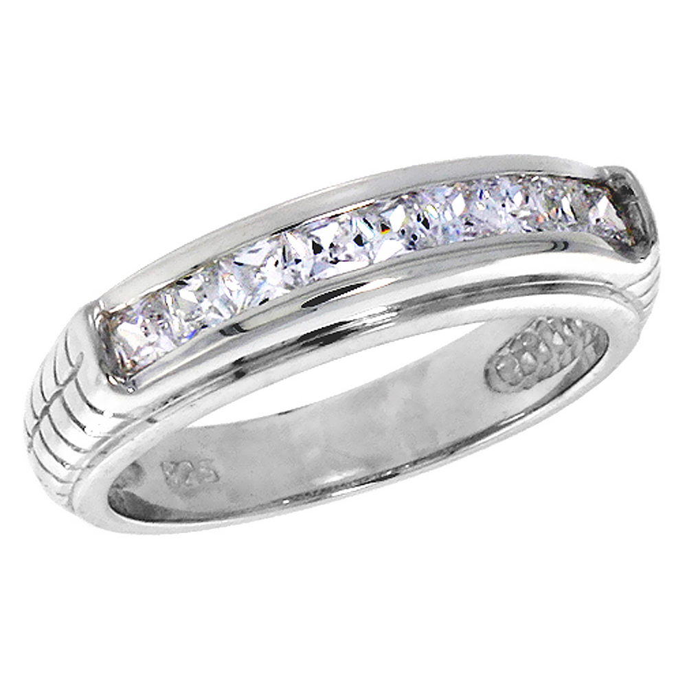Sterling Silver Square Channel Set Cubic Zirconia Wedding Band Ring for Women Herringbone Shank 1/4 inch sizes 6 - 10