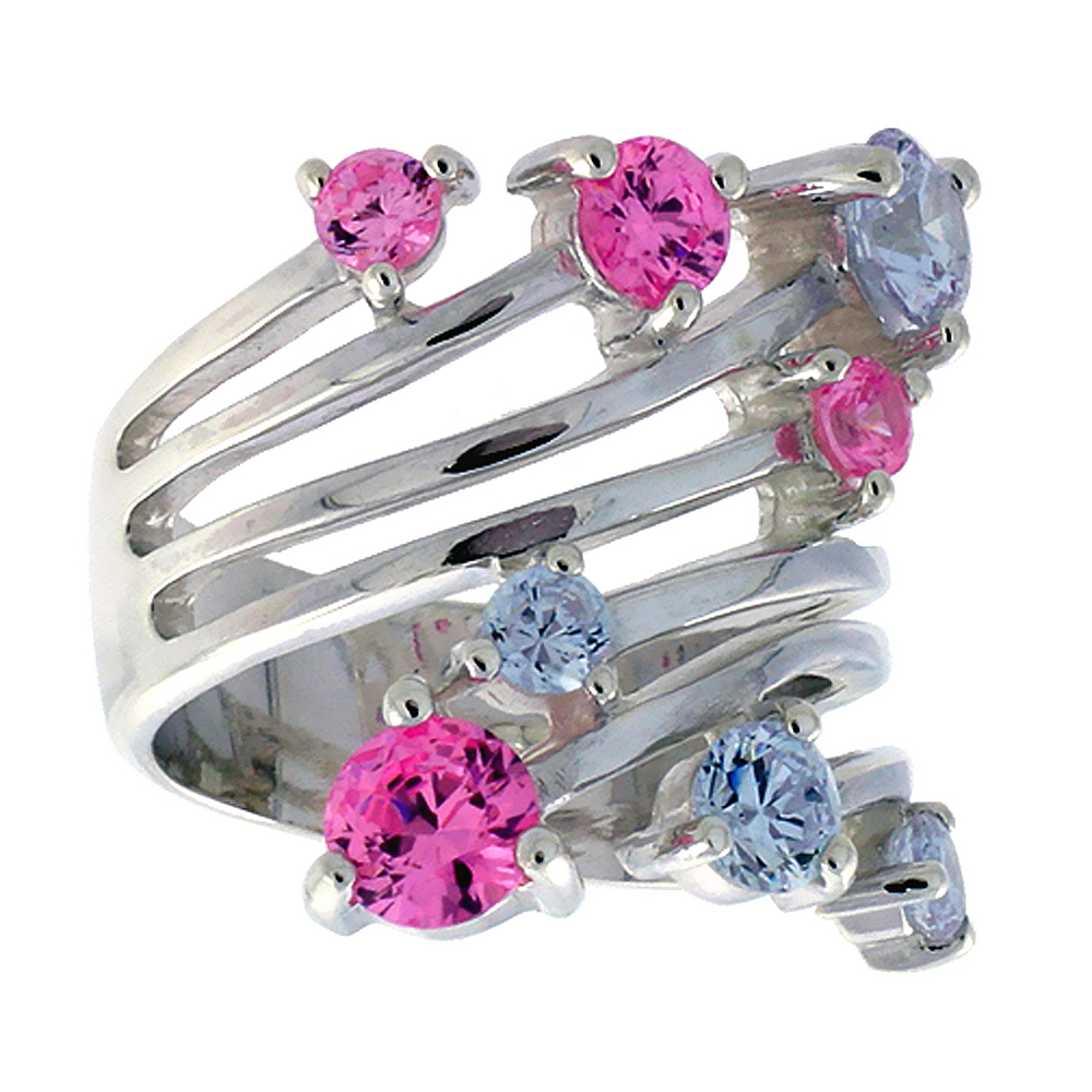 Sterling Silver Topaz Blue and Pink CZ Bypass Fork Right Hand Ring for Women 1 inch wide sizes 6 - 10