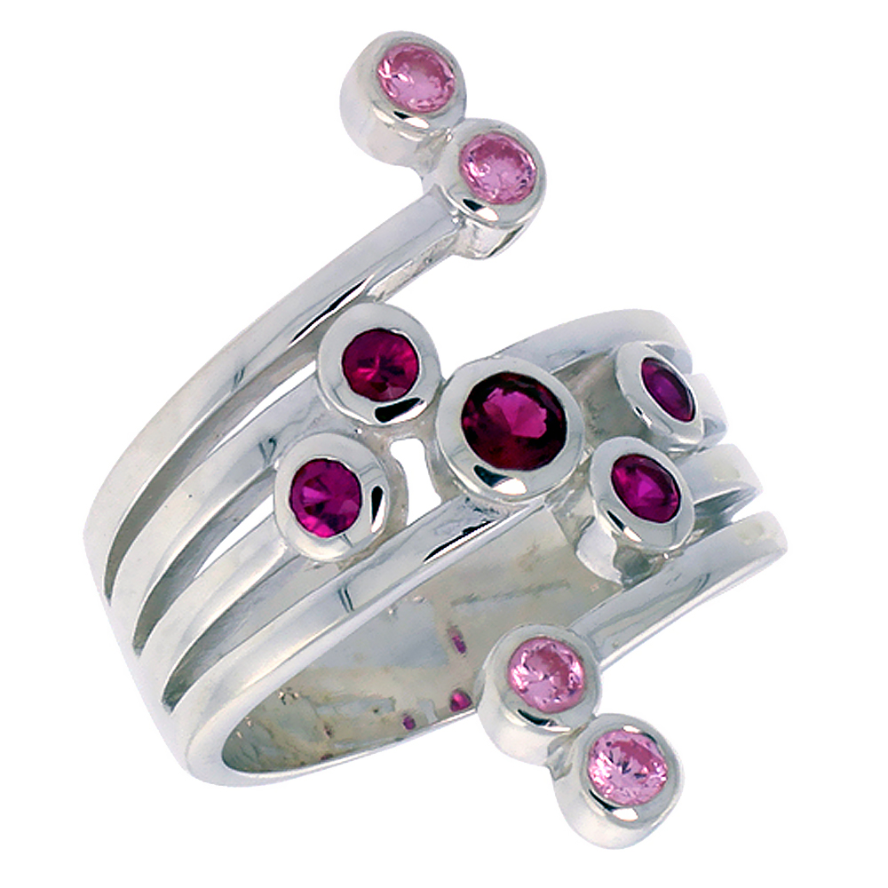 Pink and Red CZ Bypass Fork Right Hand Ring for Women Bezel Set 1 inch sizes 6 - 10