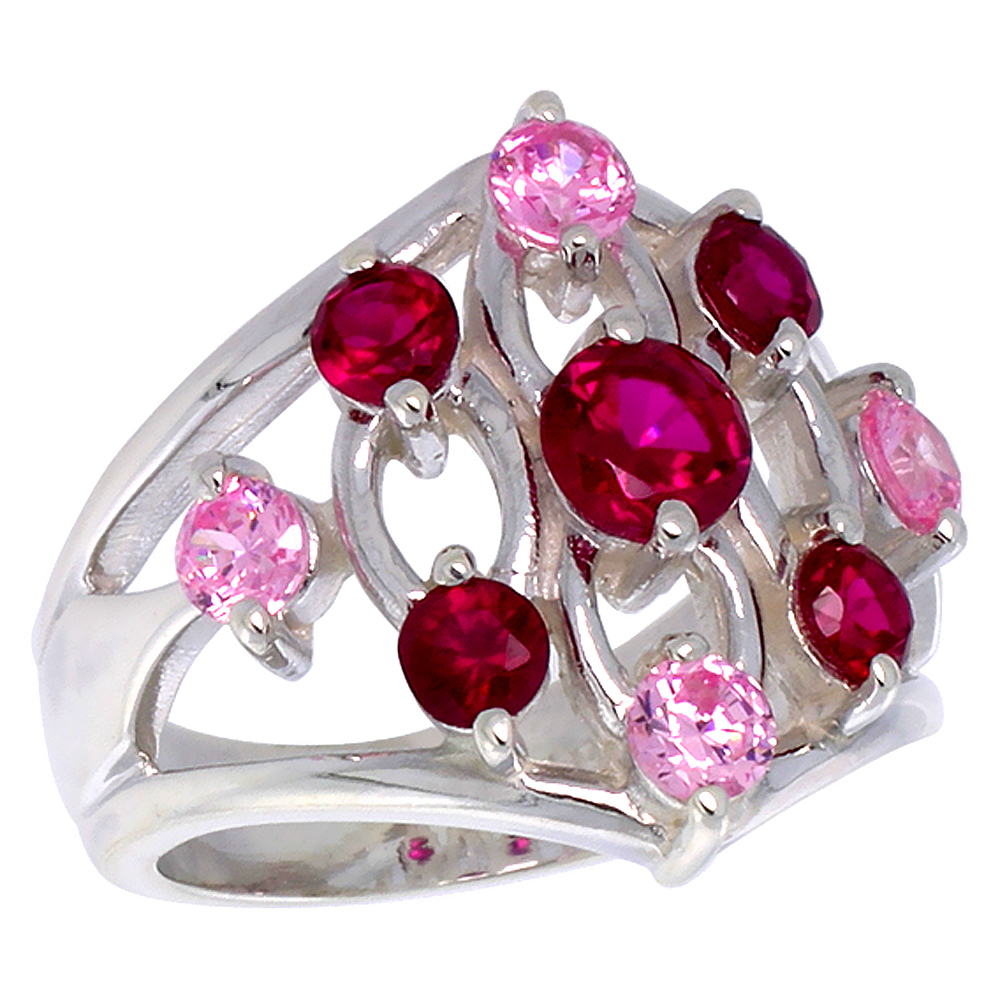 Sterling Silver Pink and Red CZ Chain Link Pattern Right Hand Ring for Women 3/4 inch sizes 6 - 10