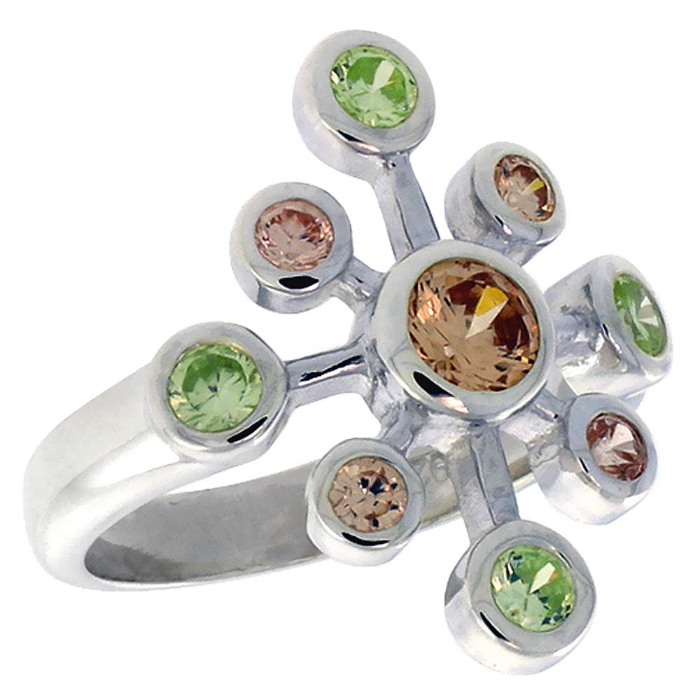 Sterling Silver CZ Snowflake Right Hand Ring for Women Peridot & Citrine-Color 7/8 inch wide 7/8 inch sizes 6 - 10