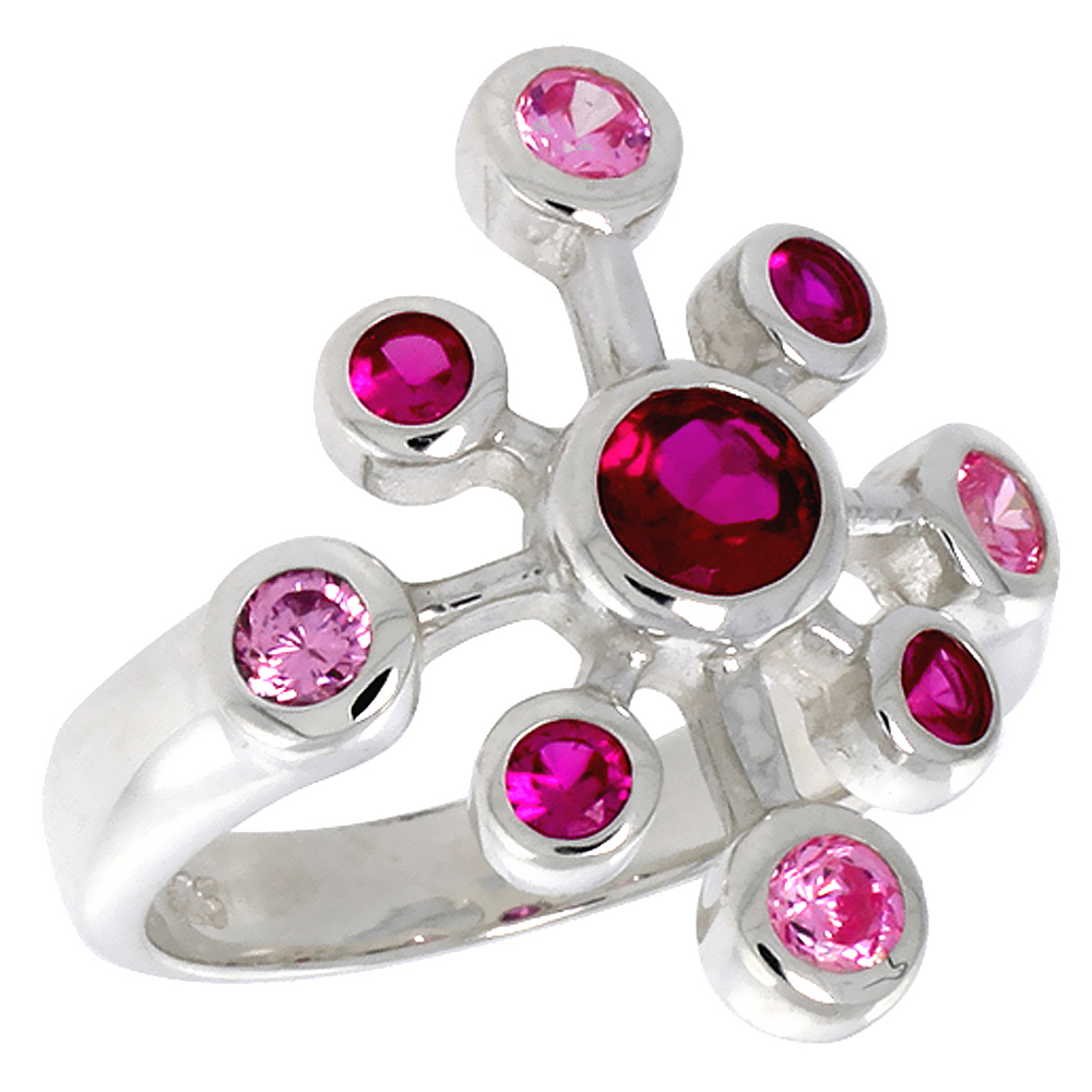 Sterling Silver CZ Snowflake Right-hand Ring for Women Ruby & Pink Tourmaline-Color7/8 inch wide 7/8 inch sizes 6 to 10