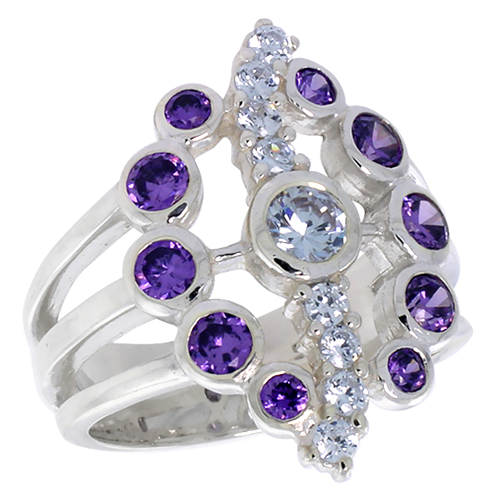 Sterling Silver Blue Topaz Amethyst CZ Oval-shaped Right Hand Ring for Women 7/8 inch sizes 6 - 10