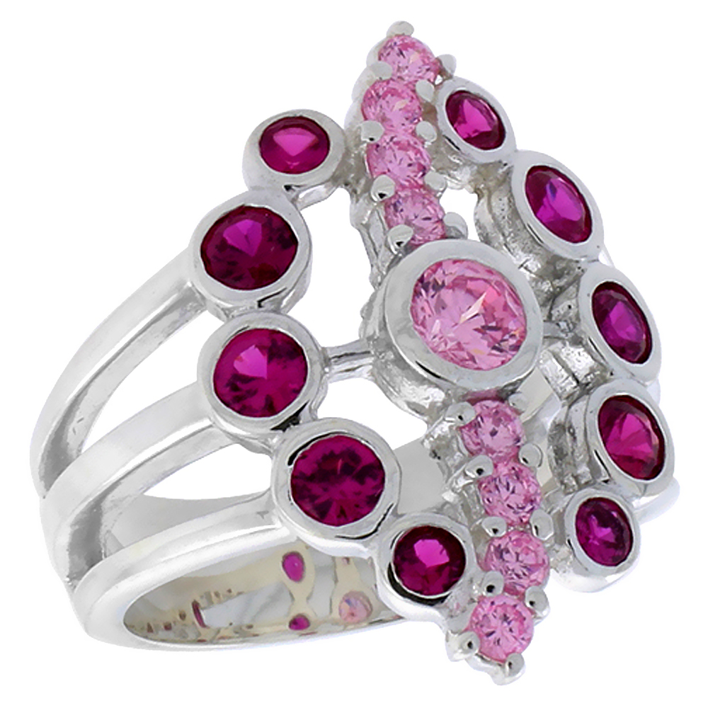 Sterling Silver red and Pink CZ Oval-shaped Right Hand Ring for Women 7/8 inch sizes 6 - 10