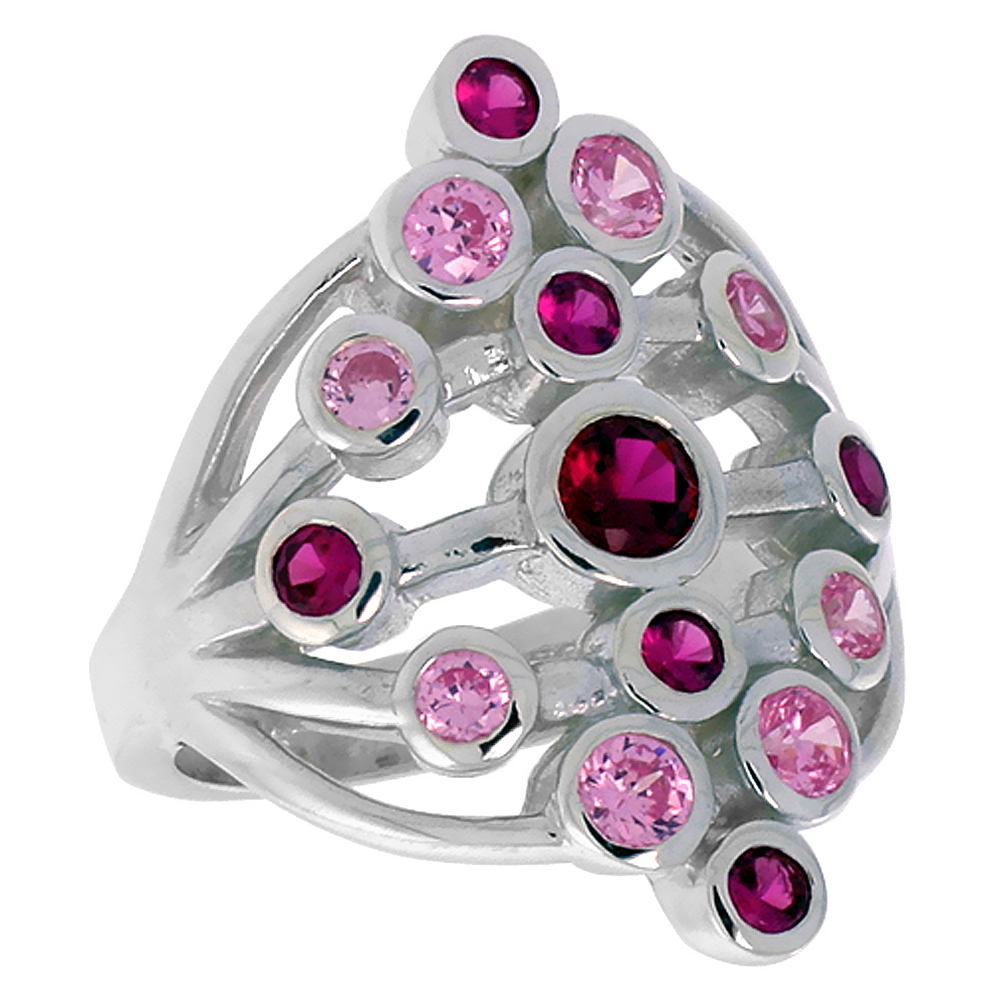 Sterling Silver Pink and Red CZ Star Pattern Right Hand Ring for Women 1 inch sizes 6 - 10