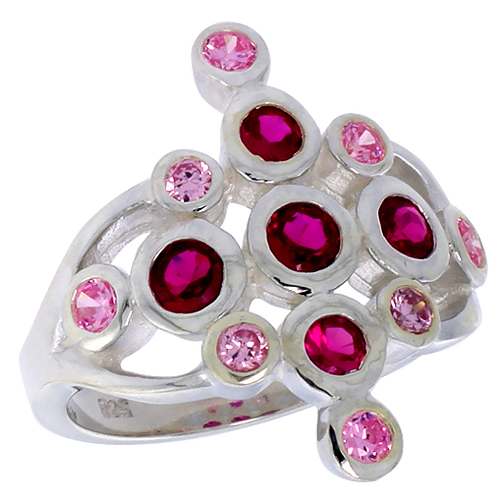 Sterling Silver Red and Pink CZ Cross Pattern Right Hand Ring for Women 7/8 inch sizes 6 - 10