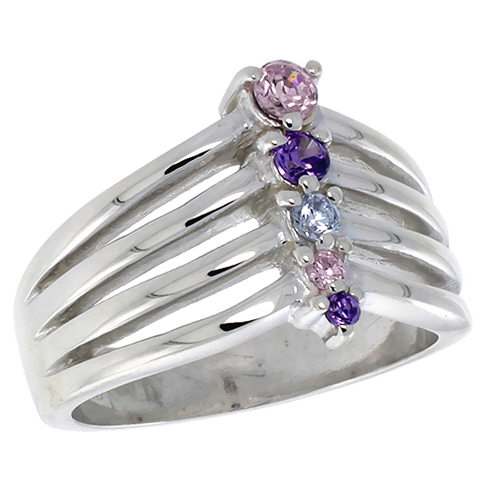 Sterling Silver Blue Pink Purple CZ Right Hand Journey Ring for Women 1/2 inch Flawless Polished Finish sizes 6 - 10