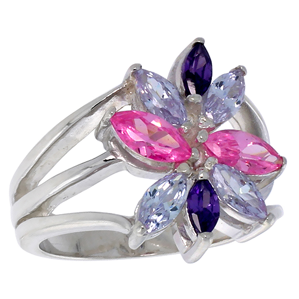 Sterling Silver Pink Purple Lavender Marquise CZ Flower Ring for Women Split Shank 3/4 inch Flawless Polished Finish sizes 6 - 10