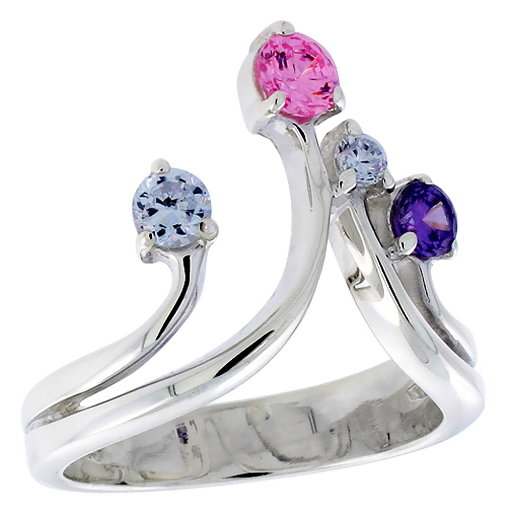 Sterling Silver Split Shank Pink Blue Purple CZ Chevron Ring for Women 3/4 inch Flawless Polished Finish sizes 6 - 10