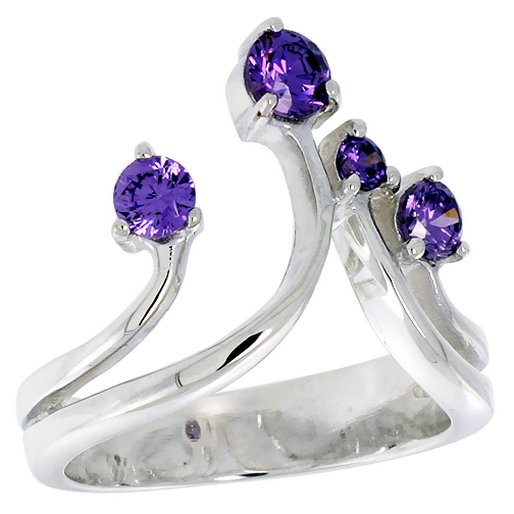 Sterling Silver Split Shank Purple CZ Chevron Ring for Women 3/4 inch Flawless Polished Finish sizes 6 - 10