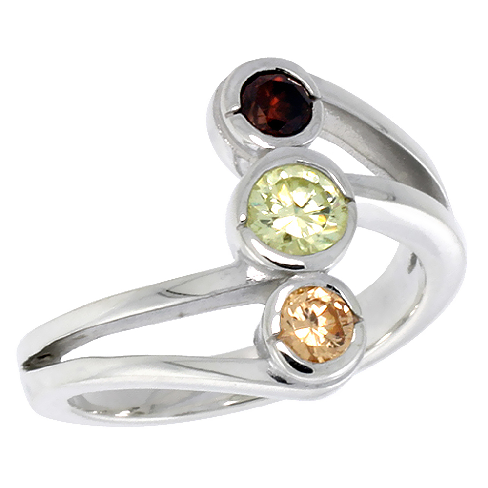 Sterling Silver Purple Peridot Green Peach CZ 3 Stone Bypass Ring for Women 5/8 inch Flawless Polished Finish sizes 6 - 10