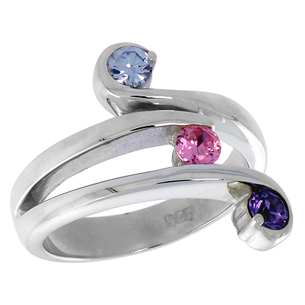 Sterling Silver Purple Pink Blue Topaz CZ 3 Stone Fork Ring for Women 3/4 inch Flawless Polished Finish sizes 6 - 10