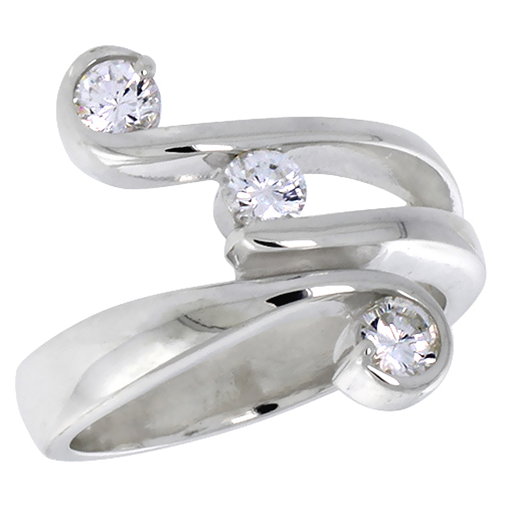Sterling Silver White CZ 3 Stone Fork Ring for Women 3/4 inch Flawless Polished Finish sizes 6 - 10