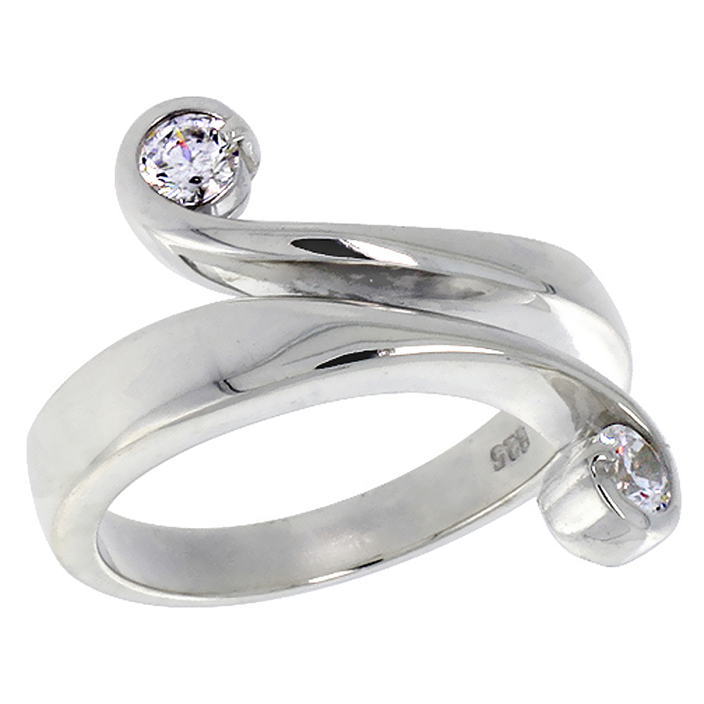 Sterling Silver White CZ 2 Stone Bypass Ring for Women 5/8 inch Flawless Polished Finish sizes 6 - 10