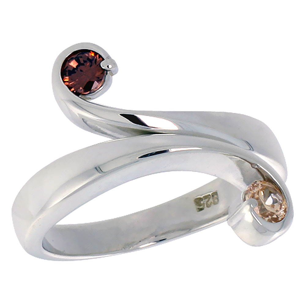 Sterling Silver Red and Peach CZ 2 Stone Bypass Ring for Women 5/8 inch Flawless Polished Finish sizes 6 - 10