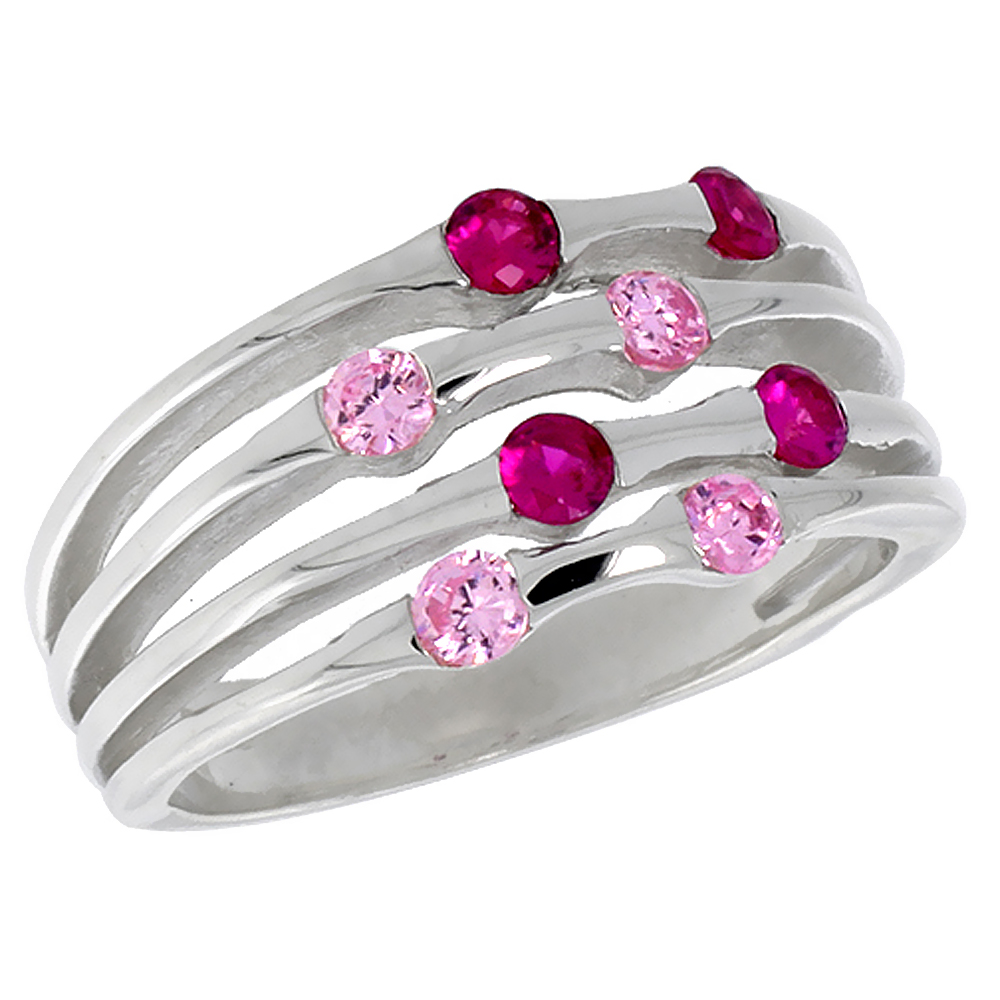 Sterling Silver Ruby Red and Pink CZ Open 4 Band Ring for Women Channel Set 3/8 inch Flawless Polished Finish sizes 6 - 10