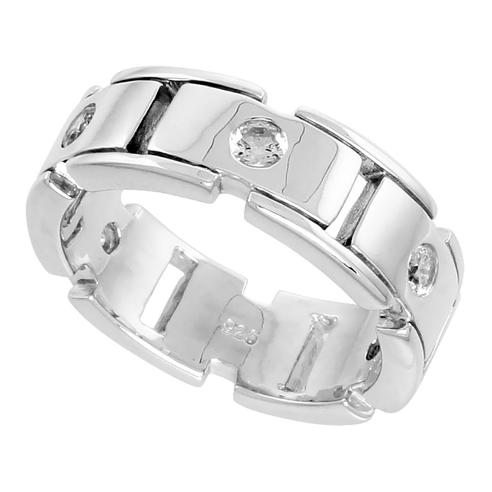 8mm Sterling Silver Cubic Zirconia Chain Linked Band Ring Men Flush Set Flawless Polished Finish sizes 8 to 13