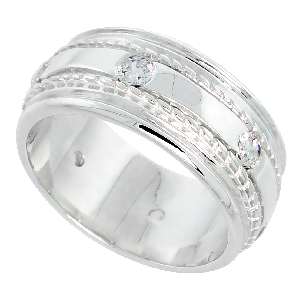 10mm Sterling Silver Cubic Zirconia Rope Domed Band Ring Men Flush Set Flawless Polished Finish sizes 8 to 13
