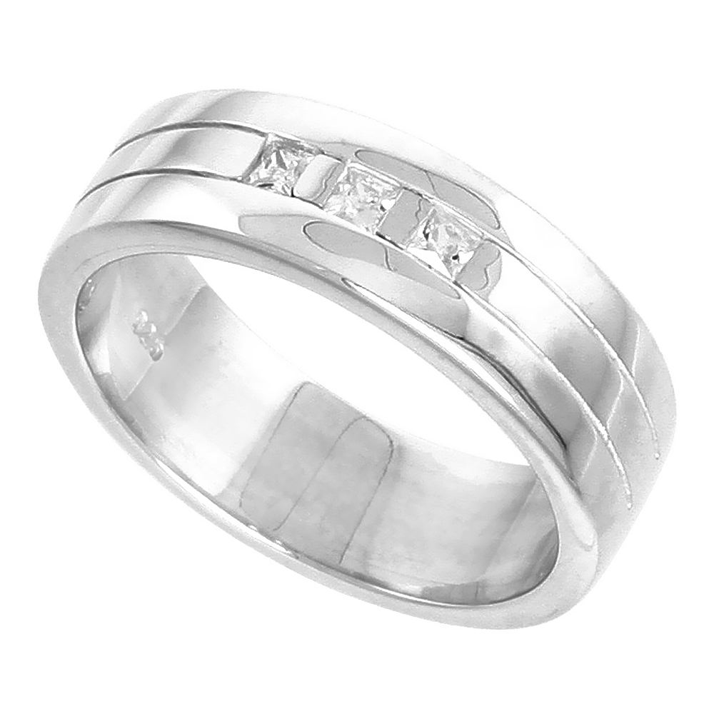 7mm Sterling Silver Cubic Zirconia Grooved Flat Band Ring Men Princess Cut Flush Set Flawless Polished Finish sizes 8 to 13