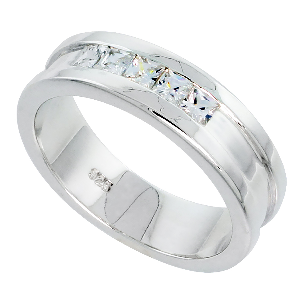 6mm Sterling Silver Cubic Zirconia Grooved 5 stone Band Ring Men Princess Cut Channel Set Flawless Polished Finish sizes 8 to 13