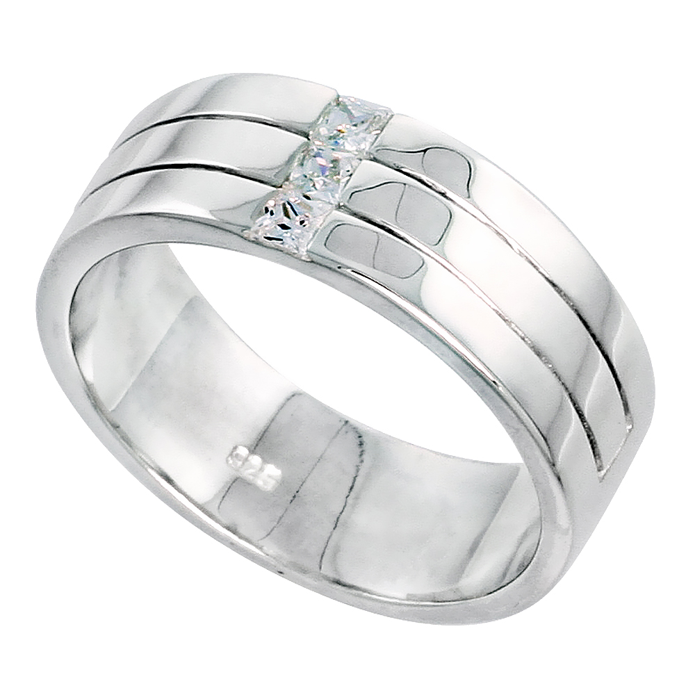 7mm Sterling Silver Cubic Zirconia Grooved 3 stone Band Ring Men Princess Cut Channel Set Flawless Polished Finish sizes 8 to 13