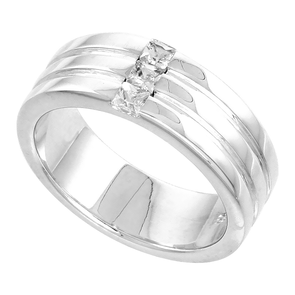 7mm Sterling Silver Cubic Zirconia 3 Dome Band Ring Men Princess Cut Channel Set Flawless Polished Finish sizes 8 to 13