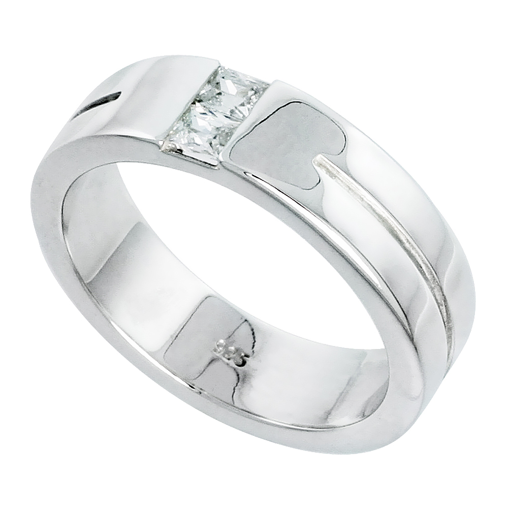 6mm Sterling Silver Cubic Zirconia Grooved 2 Stone Band Ring Men Princess Cut Channel Set Flawless Polished Finish sizes 8 to 13