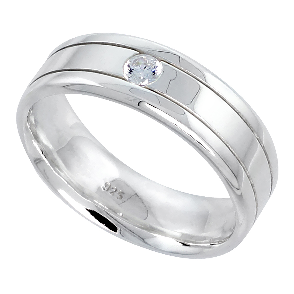 7mm Sterling Silver Cubic Zirconia Grooved Flat Band Ring Men Flush Set Round Edge Flawless Finish sizes 8 to 13