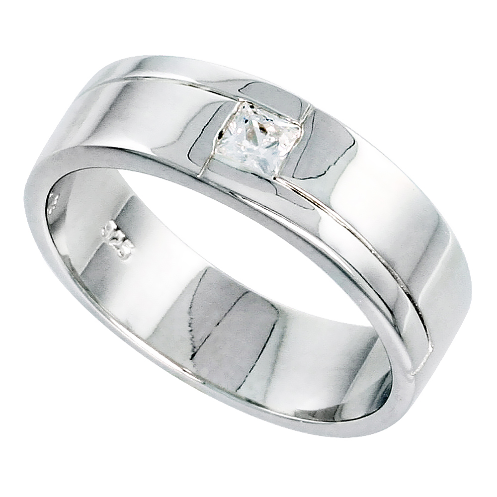 6mm Sterling Silver Cubic Zirconia Flat Band Ring Men Princess Cut Flush Set Flawless Polished Finish sizes 8 to 13