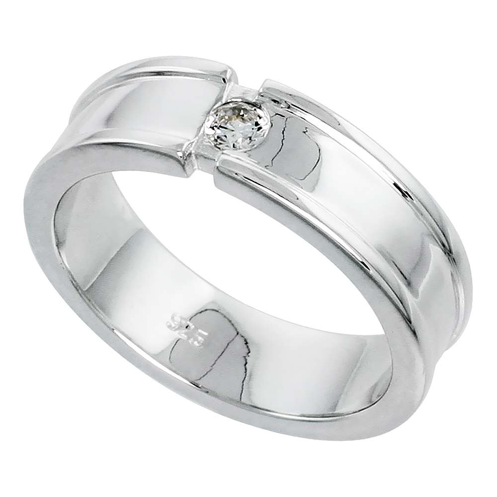 6mm Sterling Silver Cubic Zirconia Grooved Band Ring Men Flush Set Raised Edge Flawless Finish sizes 8 to 13