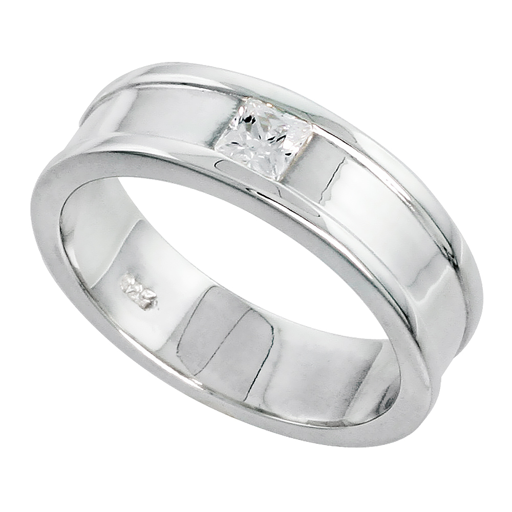 6mm Sterling Silver Cubic Zirconia Raised Edge Band Ring Men Princess Cut Flush Set Flawless Finish sizes 8 to 13
