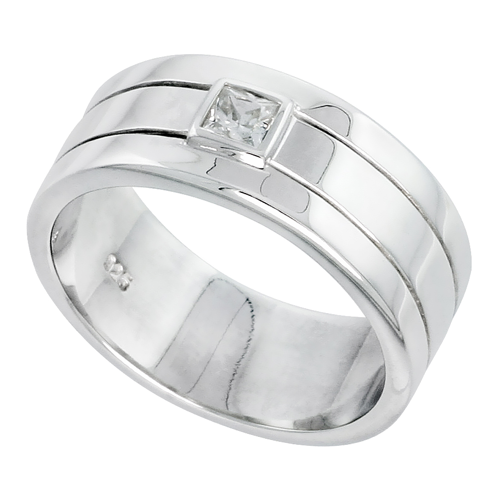 8mm Sterling Silver Cubic Zirconia Grooved Band Ring Men Princess Cut Flush Set Flawless Finish sizes 8 to 13