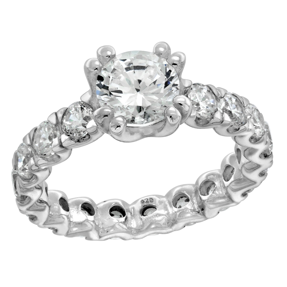 Sterling Silver CZ 1 ct. Center Shared Prong Eternity Style Engagement Ring for Women sizes 6 to 9