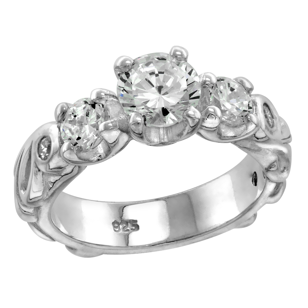 Sterling Silver CZ 6mm Center 3 Stone Engagement Ring Women Vine Pattern Shank Flawless Polish sizes 6 to 9