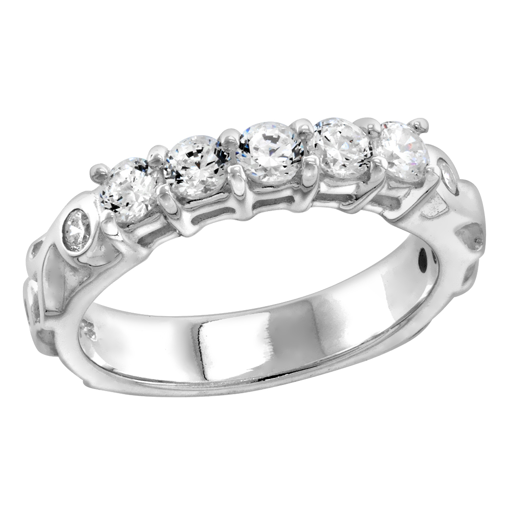 Sterling Silver CZ 5 Stone Engagement Ring Women Vine Pattern Shank Flawless Polish sizes 6 to 9